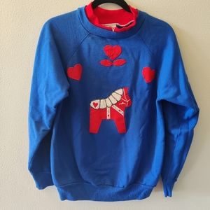Vintage Swedish Dala Horse Blue Sweatshirt L